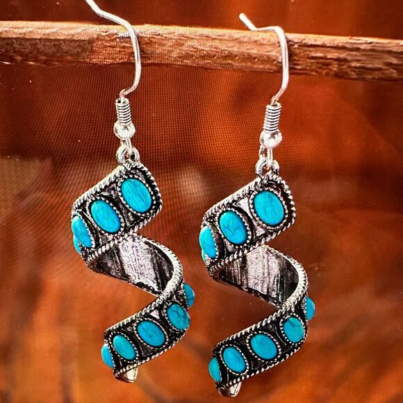 Boho Hippie Cowgirl Twirl Wire Drop Earrings, Turquoise Stone, Fast Shipping, G - Picture 6 of 6